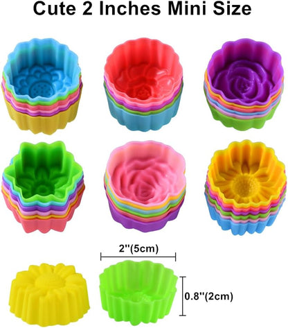 Reusable Silicone Baking Cups, 2 Inch Mini Size Silicone Cupcake Liners for baking, Multi Flower Shapes Muffin Liners, Pack of 36