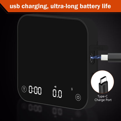 Mini Coffee Scale with Timer Automatic, 0.1g/2000g Rechargeable Precision Espresso Scale