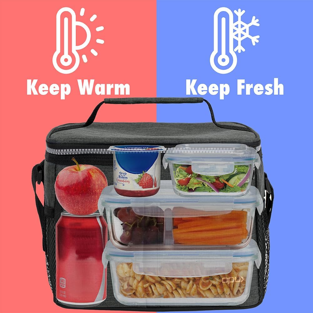 opux Insulated Lunch Bag for Men Women, Leakproof Black Lunch Box for Work, Portable Soft Lunch Cooler Bag with Shoulder Strap, Adult Lunchbox Lunch Pail for Kid Boy Girl School, 14 Can/8L