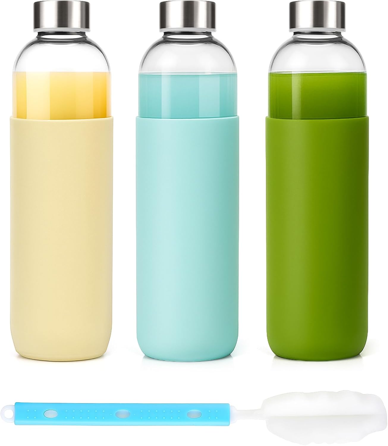 Clear Glass Bottles with Lids 18 oz, Reusable Glass Water Bottles with Stainless Steel Cap for Refrigerator, Juicing, 100% Leak Proof, BPA Free, Juice Bottle Drinking Jar Containers Set of 6
