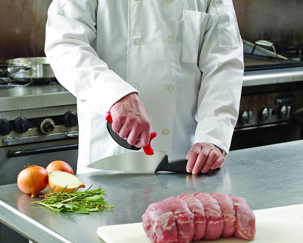 Hand-Held Kitchen Knife Sharpener for Chef Knives – Professional Grade Tool with Reversible Carbide Blades, Stainless Steel & Safety Finger Guard - Knife Sharpening Use by Chef Master 90015