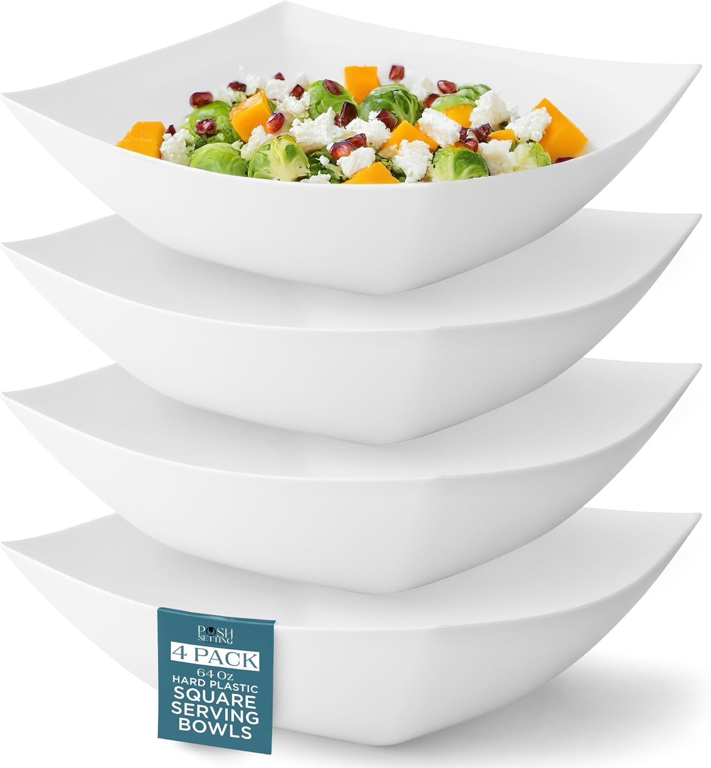 Posh Setting - White Plastic Square Serving Bowls for Party (16oz - 4 Pack), Disposable & Candy Containers for Party Table & Buffet