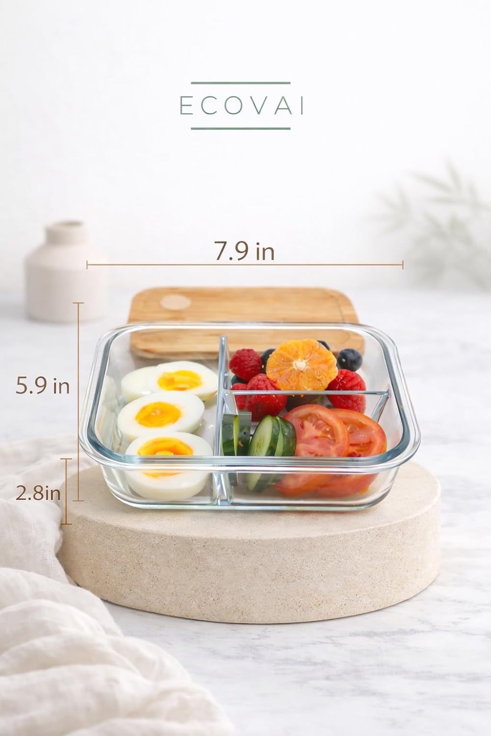 ECOVAI Glass Bento Box (2 Pack) LARGE 3-Compartment Portion Control Glass Meal Prep Containers with Bamboo Lid, Leakproof Silicone Seal, Borosilicate Glass, Microwave Safe Lunch Box/Tupper