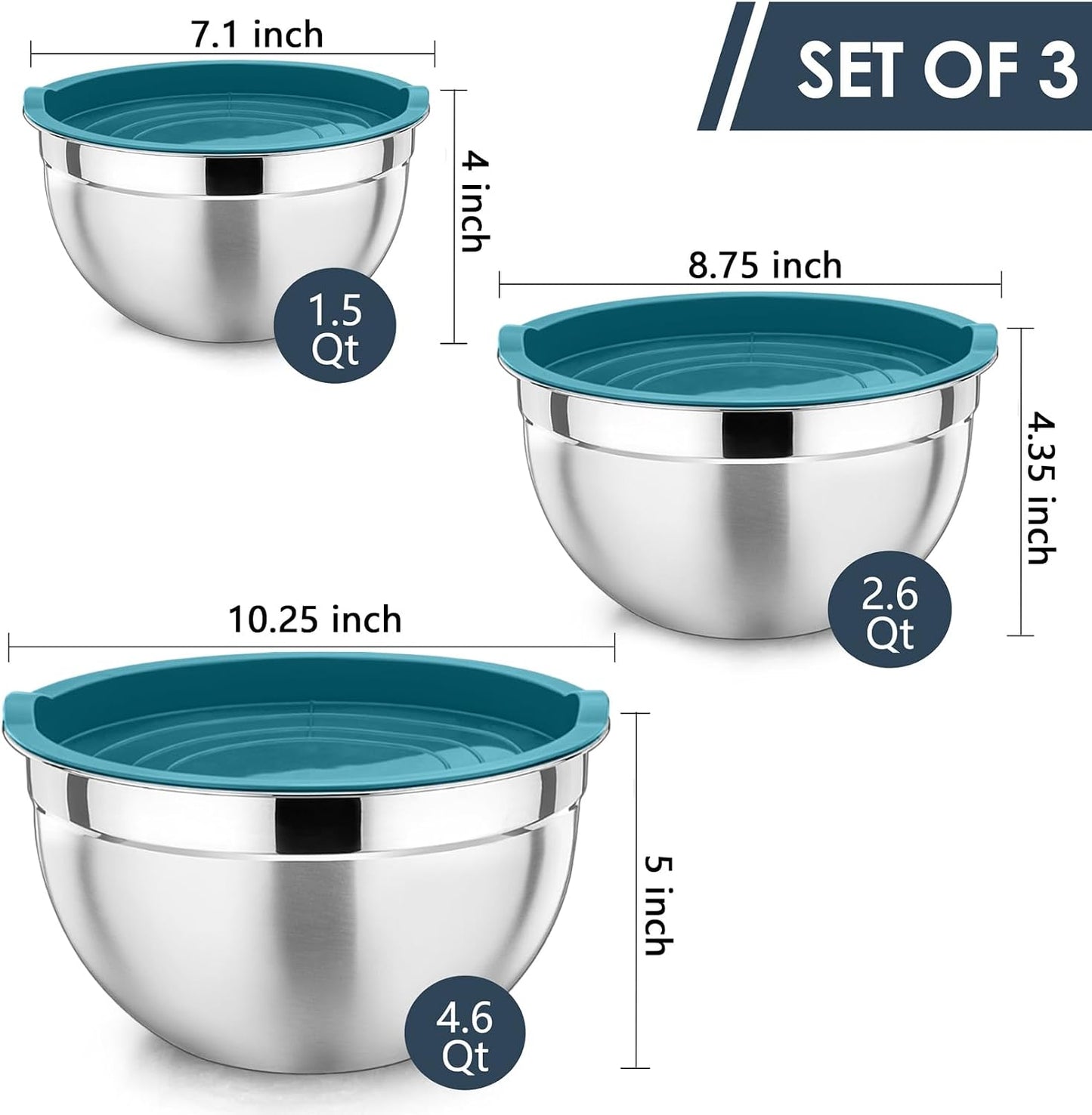 P&P CHEF Black Mixing Bowls with Lids, Set of 3, Stainless Steel Salad Nesting Bowl for Mixing, Storing, Prepping, Airtight & Stackable, Size 4.6/3 /1.5 QT