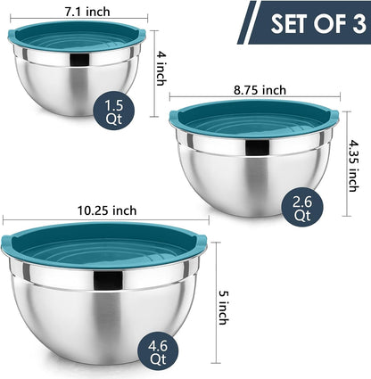 P&P CHEF Black Mixing Bowls with Lids, Set of 3, Stainless Steel Salad Nesting Bowl for Mixing, Storing, Prepping, Airtight & Stackable, Size 4.6/3 /1.5 QT