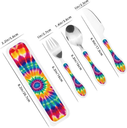 3-Piece Kids Silverware Set, Stainless Steel Reusable Children Safe Knife Spoon Fork Set With Storage Case Tie Dye Pattern Children Flatware Set For Kids Lunch Box