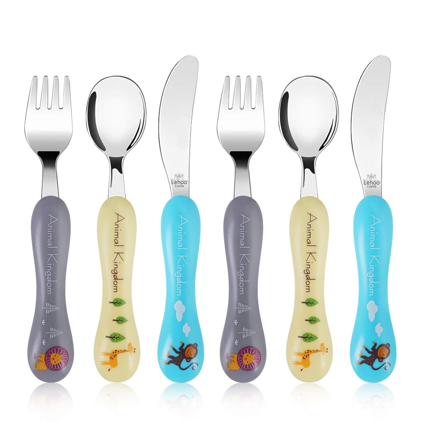 Lehoo Castle 6 Pieces Toddler Utensils, Kids Silverware for 2 3 4 Years Old, Stainless Steel Fork and Spoon Set with Plastic Handle, Safe Toddler Cutlery (Dinosaur)