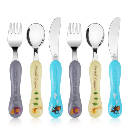 Lehoo Castle 6 Pieces Toddler Utensils, Kids Silverware for 2 3 4 Years Old, Stainless Steel Fork and Spoon Set with Plastic Handle, Safe Toddler Cutlery (Dinosaur)