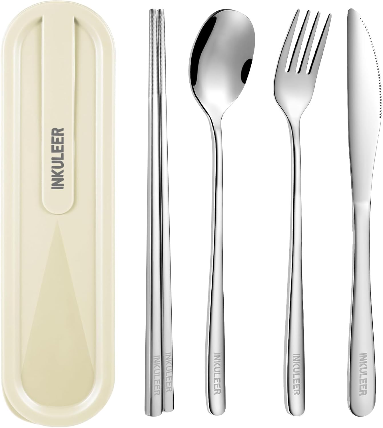 iNKULEER Travel cutlery set, 18/8 stainless steel cutlery, Reusable utensils set with case, Portable Silverware Lunch Box for Camping and Office (Pink)
