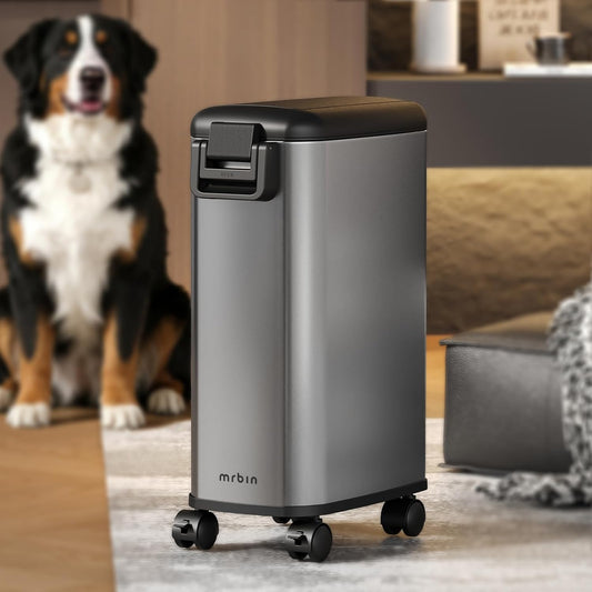 MRBIN Pet Food Bin 20 LB / 15 LB, Dog Food Storage Bin 20L with Scoop Airtight Pet Food Container Stainless Steel Large Containers with Wheels, Eclipse Grey