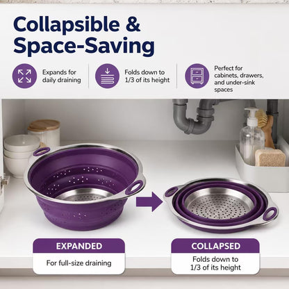 Mejoncb Collapsible Colander – Platinum Silicone Strainer with Stainless Steel Base, BPA-Free & Heat Resistant Kitchen Drain Basket (Gery)