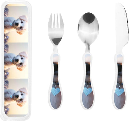 3-Piece Kids Silverware Set With Storage Case, Stainless Steel Reusable Children Safe Knife Spoon Fork Set Blue Lotus Floral Children Flatware Set For Kids Lunch Box