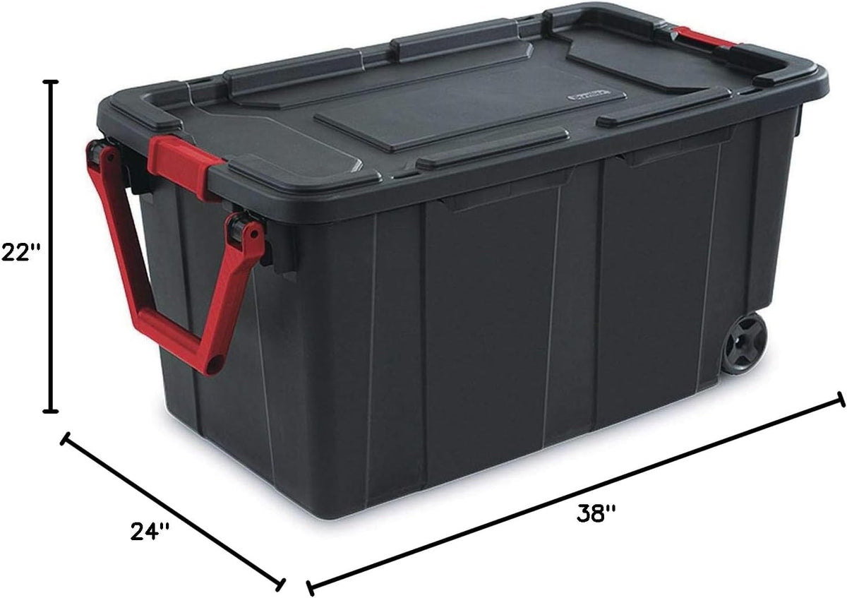 Sterilite Heavy Duty 40 Gallon Wheeled Industrial Storage Tote, 4-Pack, Black