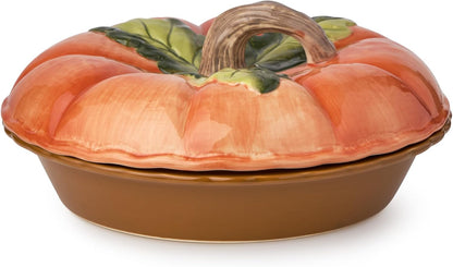 Harvest Fields 3D Pumpkin Covered Pie Carrier – 10.5” Ceramic Pie Dish with Lid – Perfect for Baking, Storing & Serving Pies, Quiches & Holiday Desserts – Festive Thanksgiving Bakeware