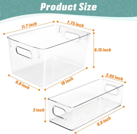 Set of 8 Clear Organizers and Storage Bins, 4 Large and 4 Small Stackable Plastic Storage Containers with Handles for Fridge, Freezer, Pantry, Cabinet, Kitchen Organization
