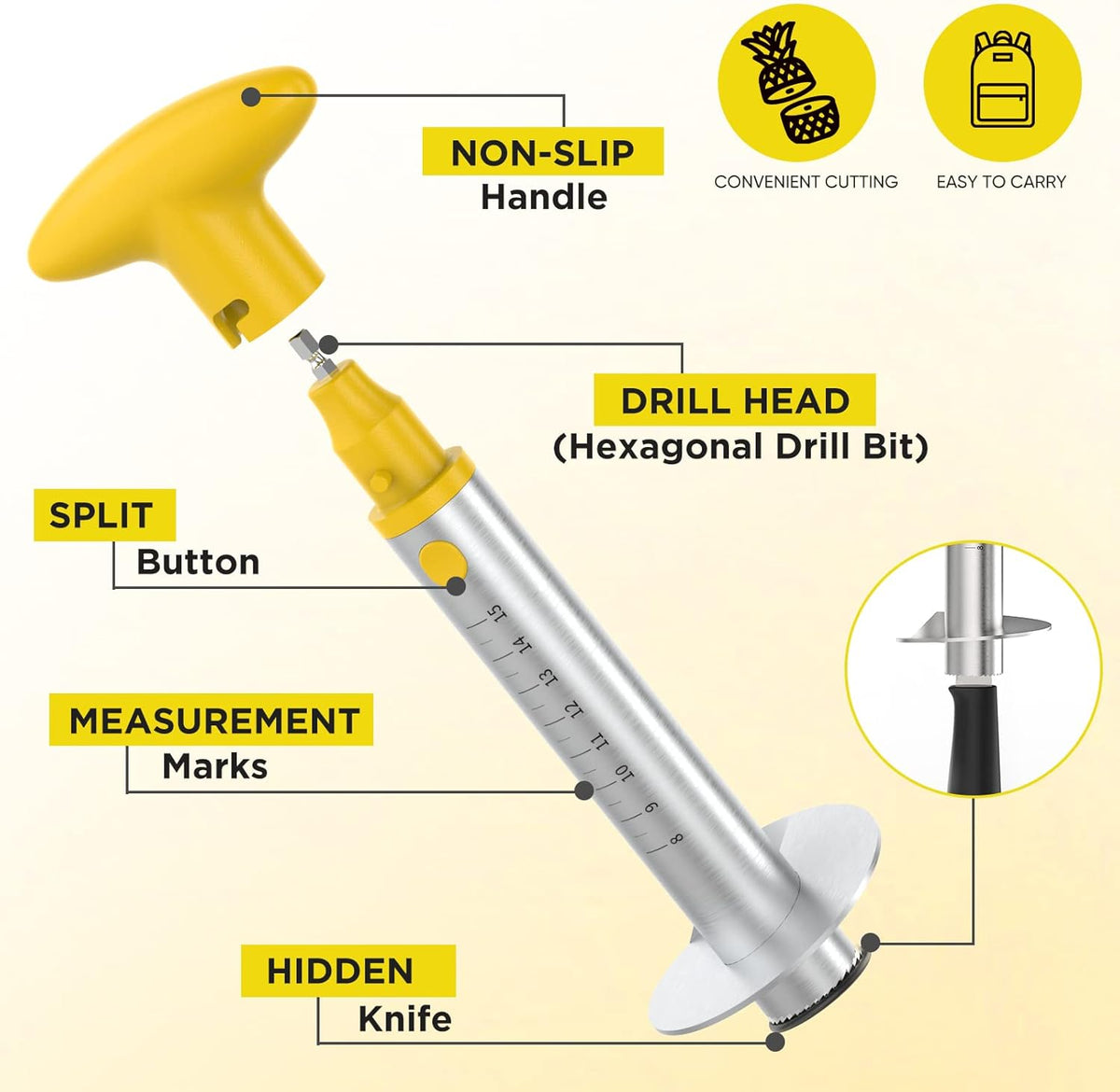 YYP Pineapple Cutter with Knife, [Upgraded, Electric & Manual] Durable Pineapple Corer with Electric Drill Accessory, Stainless Steel Fruit Peeler Knife Pineapple Slicer Core Remover Kitchen Tool