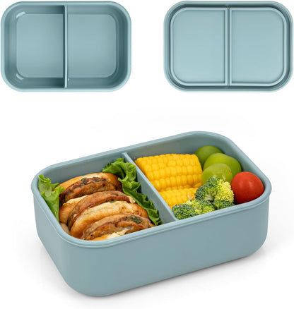 Silicone Bento Box Adult Lunch Container, 3 Compartment Container, Food Grade Silicone Bento Lunch Box for Work Travel Meal Prep, Leak-proof Food Storage Container（1 Pack Nile Blue）