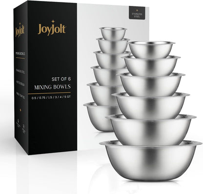 JoyJolt Stainless Steel Mixing Bowl Set - 6 Piece Nesting Bowls, 5qt to 0.5qt, Ideal for Kitchen, Cooking, Baking and Storage