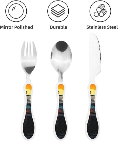 3-Piece Kids Silverware Set With Storage Case, Stainless Steel Reusable Children Safe Knife Spoon Fork Set Blue Active Girl Running Sunset Children Flatware Set For Kids Lunch Box - Colors A