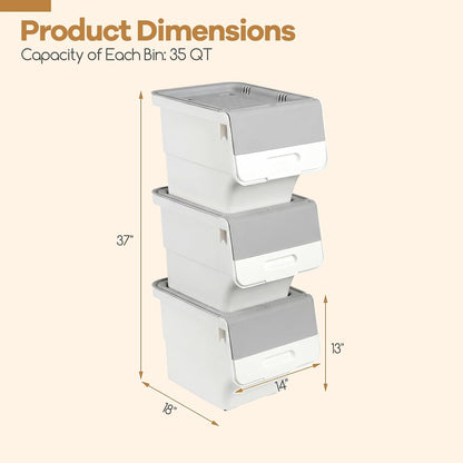 Giantex Plastic Stackable Storage Bins with Lids & Wheels, 3 Pack Open Front Stacking Bins, Organizer Bins for Pantry, Kitchen, Laundry, Closet, Playroom, Bedroom Organization (12.5 QT)