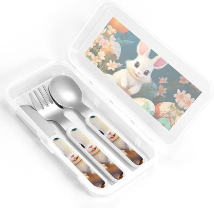 3-Piece Children Utensils Set Cute Easter Bunny Knife Spoon Fork Set Stainless Steel Silverware Set Easy-Grip Reusable Utensils Set Child Flatware Set with Case for Lunch Travel