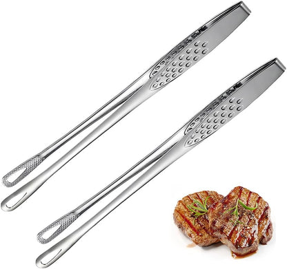 2PCS Kitchen Tongs Tweezers for Cooking 9.6 Inch 304 Stainless Steel Korean BBQ Grill Tongs Silver Heat Resistant Cooking Tongs for Salad Fish Steak Barbecue Buffet Meat Serving