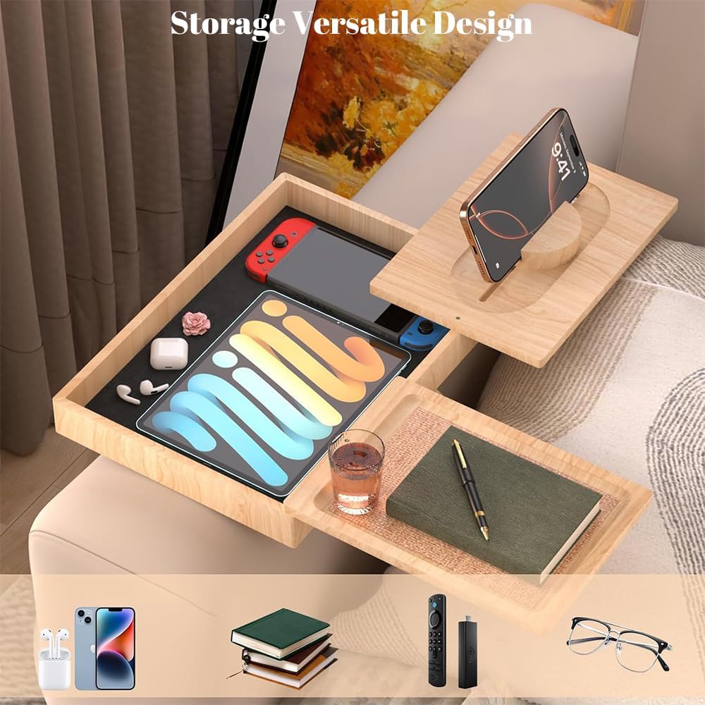 Wooden Couch Cup Holder Tray with 2 Rotatable Tray, Couch Arm Tray with 360° Rotating Phone Holder & Anti Slip Tray, Armrest Tray Table for Couch, for Snacks, Drinks, Remotes
