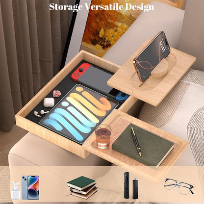 Wooden Couch Cup Holder Tray with 2 Rotatable Tray, Couch Arm Tray with 360° Rotating Phone Holder & Anti Slip Tray, Armrest Tray Table for Couch, for Snacks, Drinks, Remotes