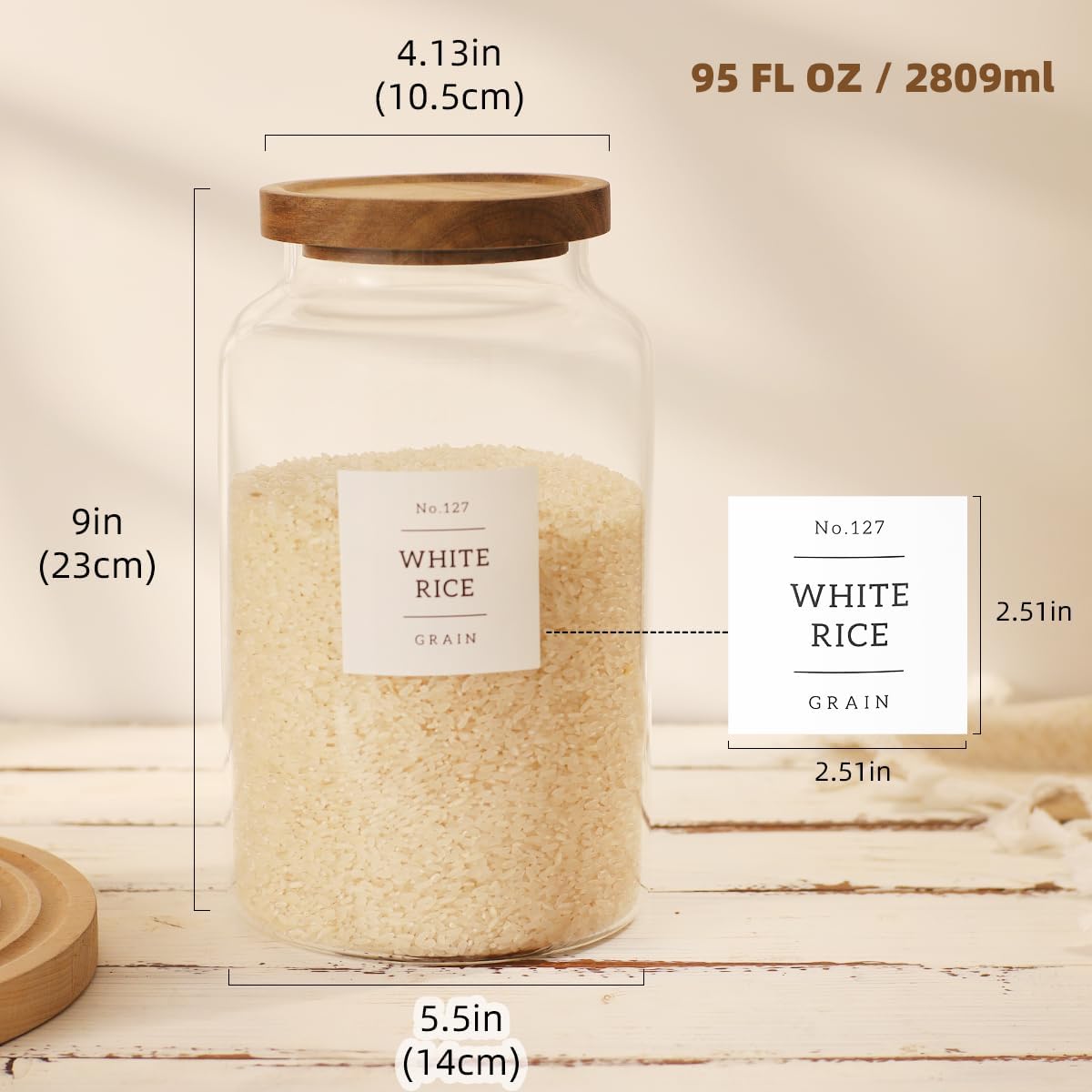 2 Pack Large Glass Flour and Sugar Storage Containers with Airtight Acacia Wood Lids and 132 Kitchen Pantey Labels Preprint - 1 Gallon Borosilicate Glass Canister Sets for Food,Pasta,Cookie,Rice