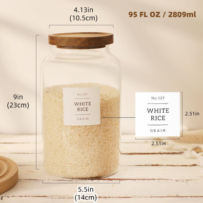 2 Pack Large Glass Flour and Sugar Storage Containers with Airtight Acacia Wood Lids and 132 Kitchen Pantey Labels Preprint - 1 Gallon Borosilicate Glass Canister Sets for Food,Pasta,Cookie,Rice