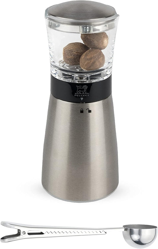 Peugeot - Madras Manual Nutmeg Mill - Spice Grinder - Stainless Steel Gift Set - With Stainless Steel Spice Scoop & Clip (Silver)