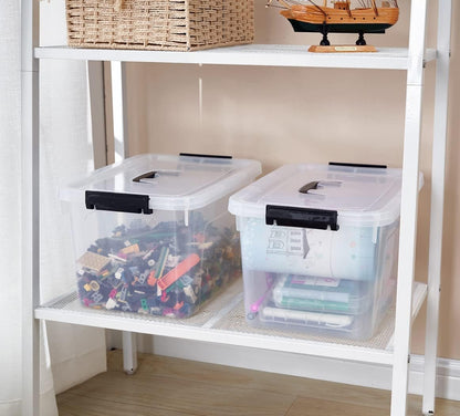 6 Quart Stackable Plastic Storage Bins with Lids, 6 Pack Clear Black Small Organizer Boxes with Latches for Bathroom, Pantry, Office Desk and Small Item Storage