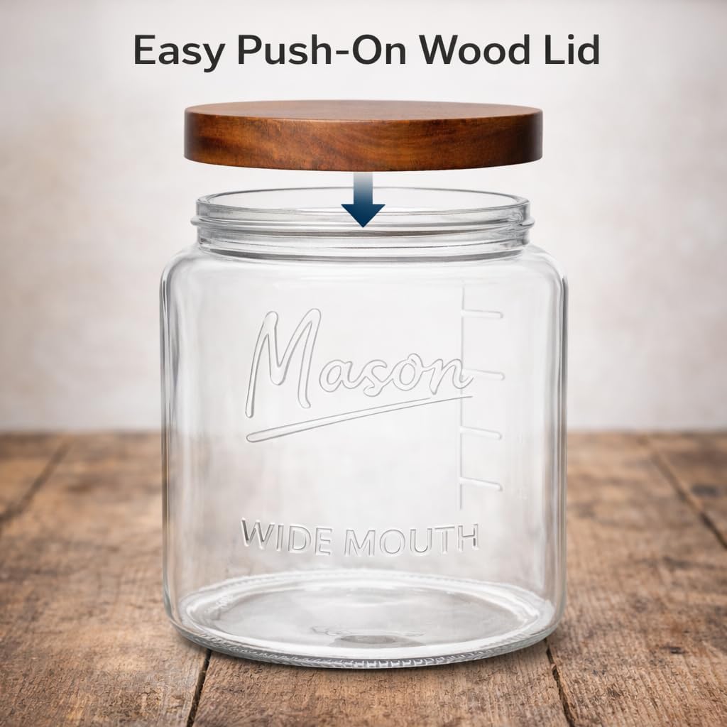 kitchentoolz Extra Large Mason Jar - 1 Gallon Glass Wide Mouth Jar with Airtight Wooden Lid, Food Storage Container with Measurement Markings For Kitchen Pantry, Pickling, Cookies, Flour & Sugar