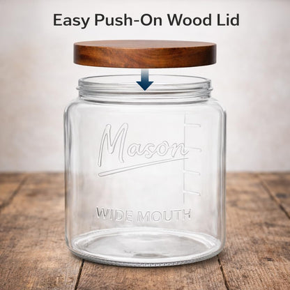 kitchentoolz Extra Large Mason Jar - 1 Gallon Glass Wide Mouth Jar with Airtight Wooden Lid, Food Storage Container with Measurement Markings For Kitchen Pantry, Pickling, Cookies, Flour & Sugar