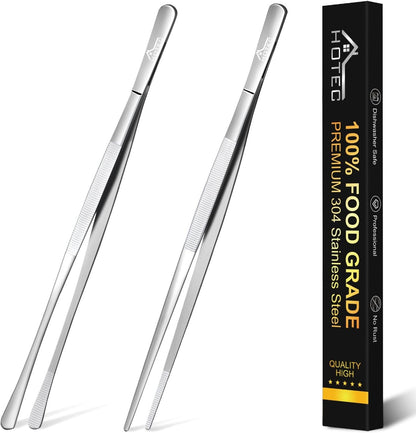 HOTEC Kitchen Tweezers Tongs Stainless Steel Professional Chef Tweezers, Set of 3-6.3", 10" and 12inch Food Tongs for Cooking, Repairing, Dessert, BBQ, Meat, Pasta