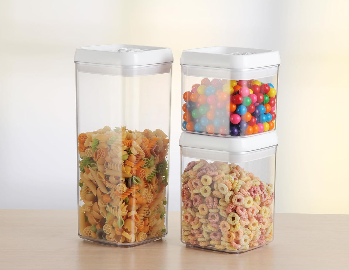 Felli Flip Tite Acrylic Food Storage Container with Lid 6” XL Air Tight Ring Seal Flip Top, Plastic Kitchen Baking Canister for 5 lb Flour Sugar Rice Protein Powder Pantry Organizer (Nest-M, White)
