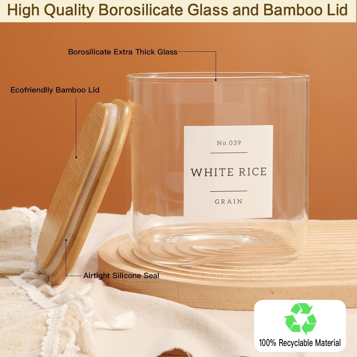 Large glass flour and sugar containers with 132 Kitchen Pantry Labels - 110 oz Glass Food Storage Containers with Airtight Lids - Square Glass Jars with Bamboo Lids for Rice, Pasta, Cookies, grain
