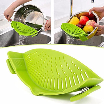 Clip On Strainer Silicone for All Pots and Pans, Pasta Strainer Clip on Food Strainer for Meat Vegetables Fruit Silicone Kitchen Colander (Black)