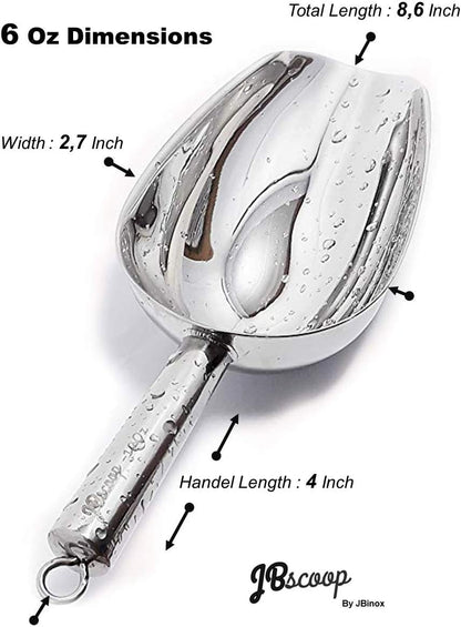 JBscoop Stainless Steel Scoop for ice, 9.6 Inch Metal Food Scoop Kitchen Bar Party Wedding Heavy Duty Dishwasher Safe - 8 Oz