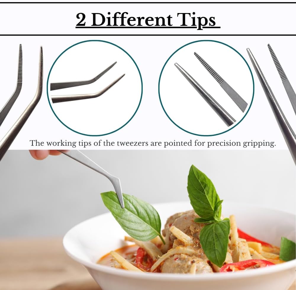 Food Plating Tweezers Culinary Kitchen Tongs Straight + Angled Tips 6" Long for Cookie Cake Decorating/Baking/Cooking Made of Stainless Steel with Fine Serrations Kitchen Utensils