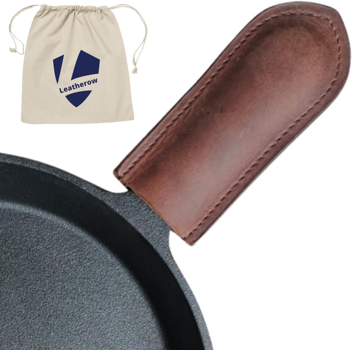 Leather Cast Iron Skillet Handle Cover, Heat Resistant Pan Grip Sleeve for Frying Pans, Dutch Oven & Griddles, Safe Non-Slip Cooking Handle Protector, Brown (Handle Cover Curve)