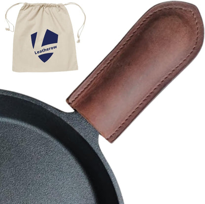 Leather Cast Iron Skillet Handle Cover, Heat Resistant Pan Grip Sleeve for Frying Pans, Dutch Oven & Griddles, Safe Non-Slip Cooking Handle Protector, Brown (Handle Cover Curve)