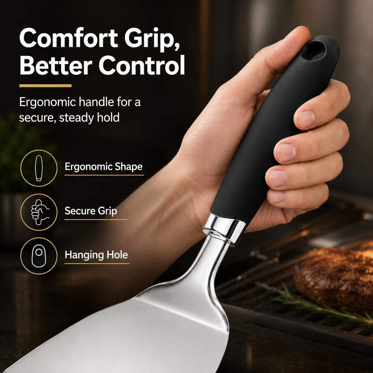 304 Stainless Steel Fish Spatula, Thin Flexible Slotted Turner | Non-Slip Ergonomic Handle, Metal Spatula for Fish, Eggs, Burgers, Cast Iron & Griddle, Black
