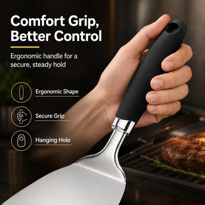 304 Stainless Steel Fish Spatula, Thin Flexible Slotted Turner | Non-Slip Ergonomic Handle, Metal Spatula for Fish, Eggs, Burgers, Cast Iron & Griddle, Black