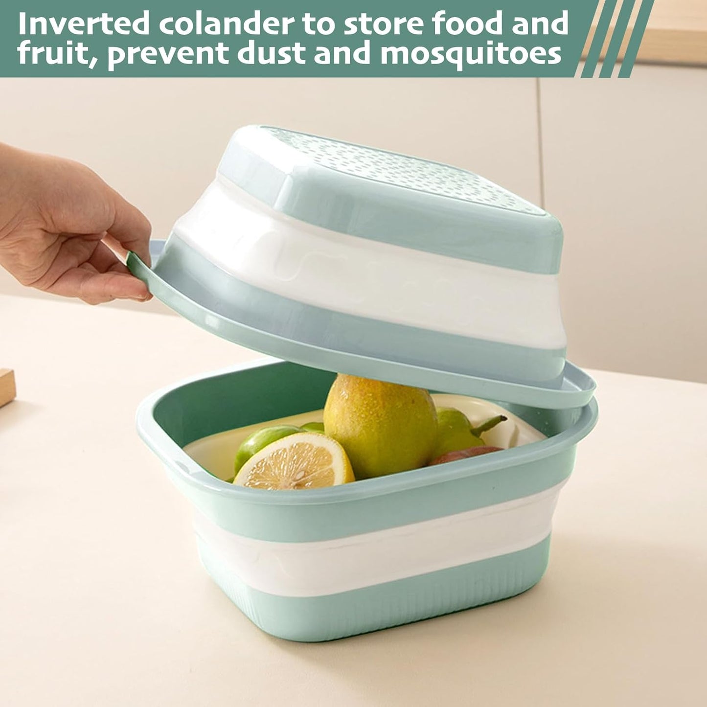 Collapsible Colander and Sink Basin Set - 2 in 1 Collapsible Colander Strainer with Collapsible Wash Basin for Kitchen, RV Camping, Foldable Fruit Vegetable Washing Basket, 8 QT, Blue