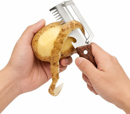 2Pack 3-in-1 Vegetable Peeler with Faux Wood Handle, Stainless Steel Julienne Peeler & Scallion Shredder with Built-In Bottle Opener, Kitchen Peeler for Potato, Carrot, Cucumber, Apple & Fruits