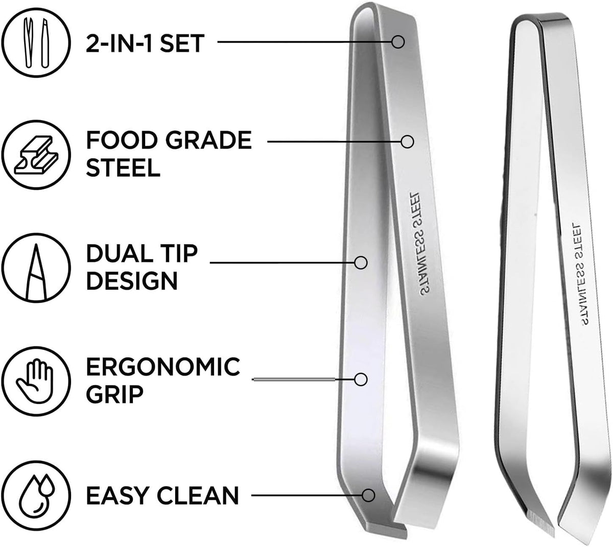 Seafood Fish Bone Remover Tweezers Set 1 Flat Tip 1 Slant Tip Stainless Steel Kitchen Seafood Tweezers for Fish Shrimp Crab Bone Picking Vein Removing Seafood Processing