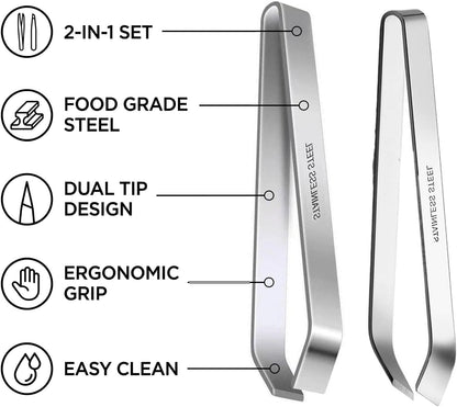 Seafood Fish Bone Remover Tweezers Set 1 Flat Tip 1 Slant Tip Stainless Steel Kitchen Seafood Tweezers for Fish Shrimp Crab Bone Picking Vein Removing Seafood Processing