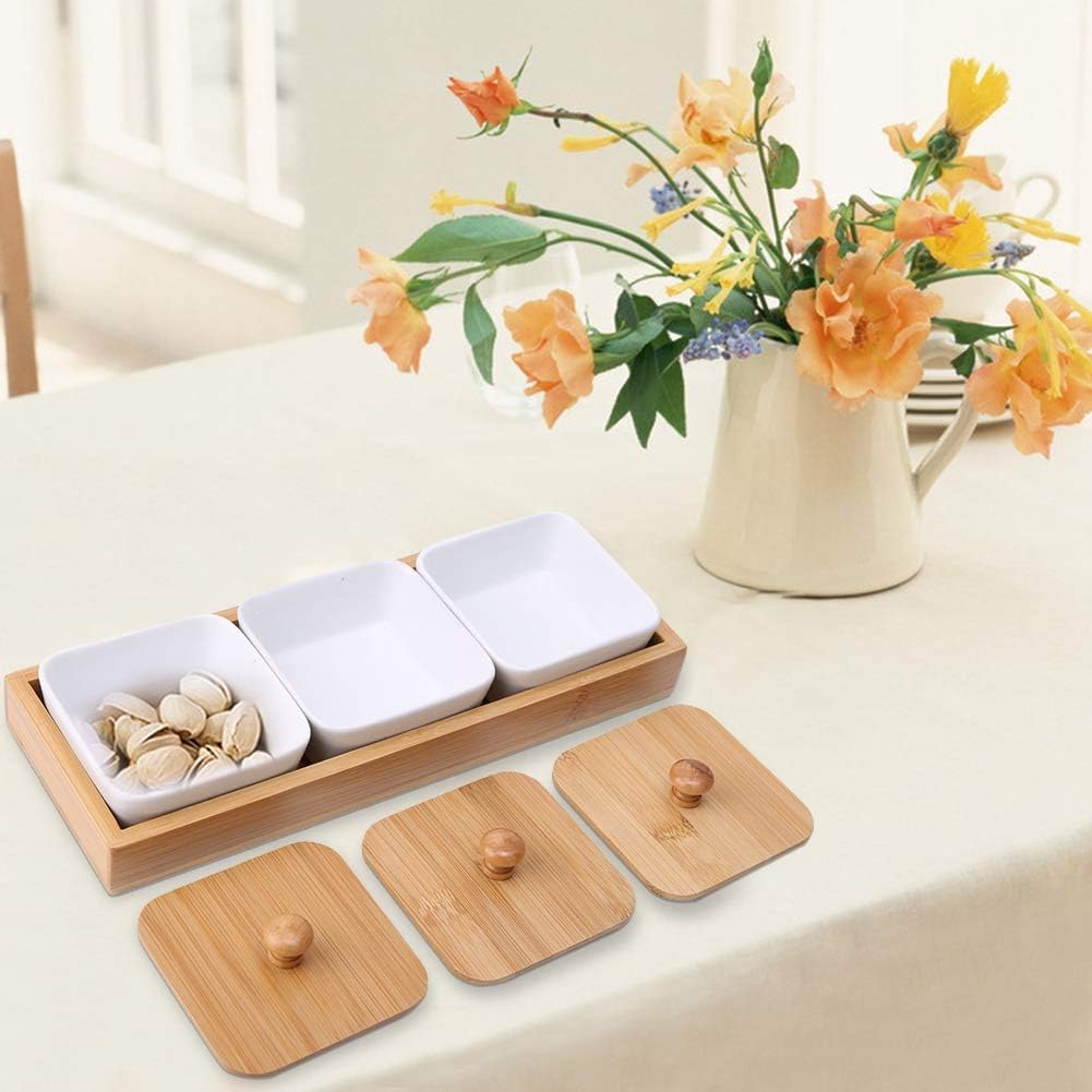 Ceramic Snack Serving Tray Compartment Serving Platter with Lid and Pallets Removable Container Food Storage for Appetizer Condiments Nuts(3 Grid)