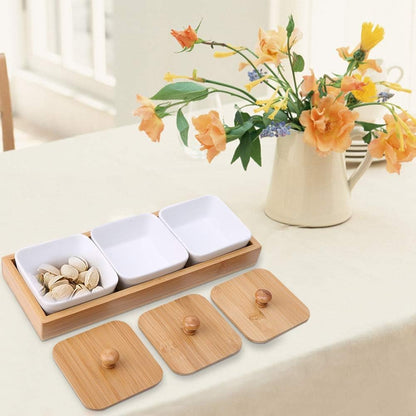 Ceramic Snack Serving Tray Compartment Serving Platter with Lid and Pallets Removable Container Food Storage for Appetizer Condiments Nuts(3 Grid)